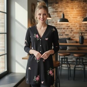 Fig and Flower Black Long-line Cardigan with Pink Embroidered Floral Details